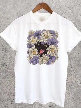 Graphic Floral Cat Shirt, Cute Cat Floral Tee